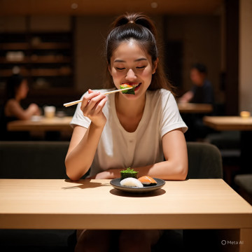 Ilustrasi Wanita Hamil Makan Sushi (Meta AI)